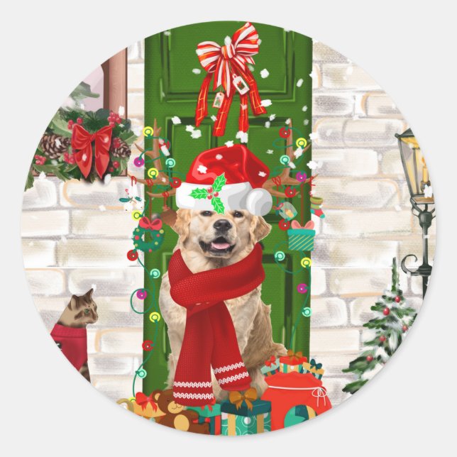 Golden Retriever Dog Christmas  Classic Round Sticker (Front)