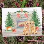 Golden Retriever Dog Christmas Fireplace Holiday Card<br><div class="desc">Send christmas greetings this holiday season with this golden retriever dogs in a watercolor design. This golden retriever holiday card features two labrador pups, a fireplace scene with holiday trees, stockings and presents. Personalize with family name. This golden retriever christmas card will be a favourite among golden retriever lovers, dog...</div>