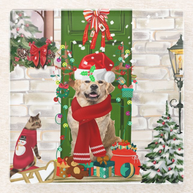 Golden Retriever Dog Christmas  Glass Coaster (Front)