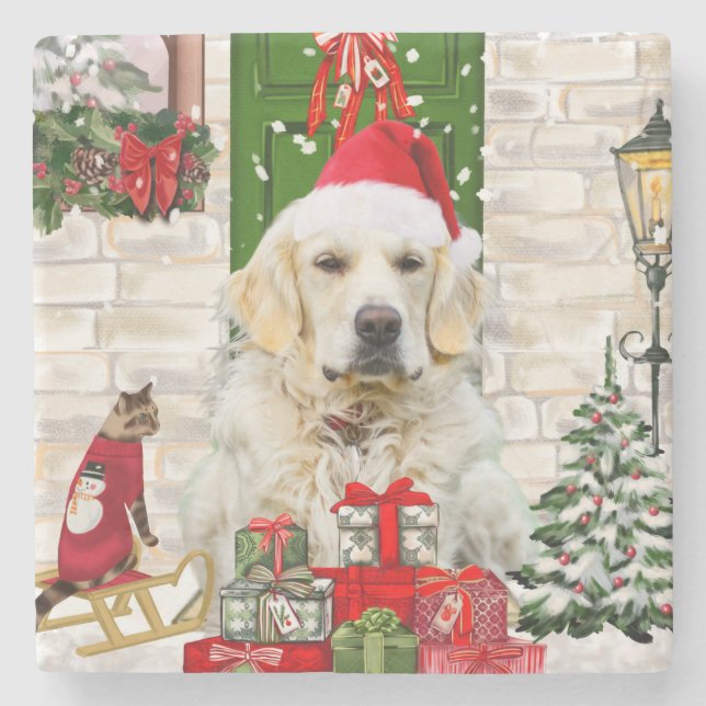 Golden Retriever Dog Christmas  Stone Coaster (Front)
