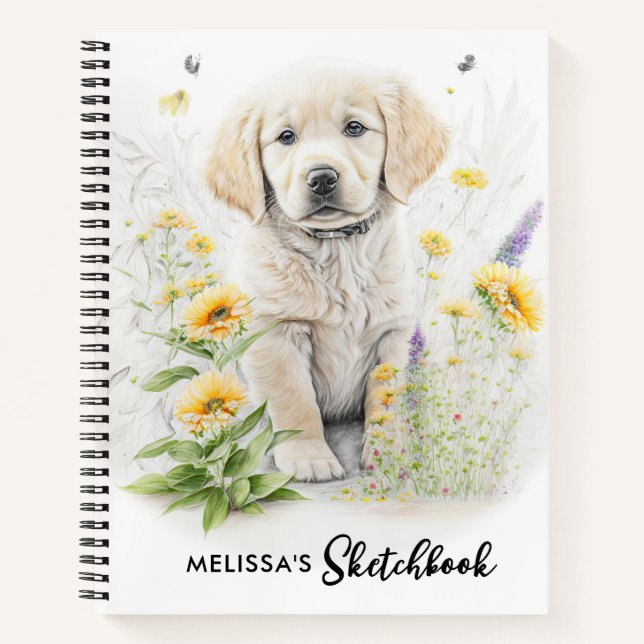 Golden Retriever Dog Cute Puppy Flowers Watercolor Notebook (Front)