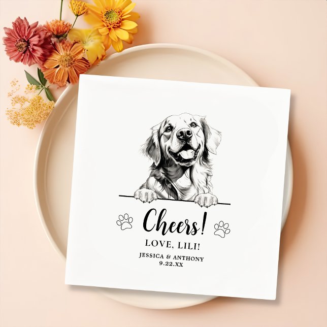 Golden Retriever Dog Drawing Personalized Cheers Napkin (Creator Uploaded)