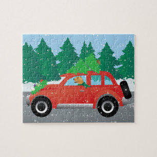 Golden Retriever Dog Driving a Car - Tree on Top Jigsaw Puzzle
