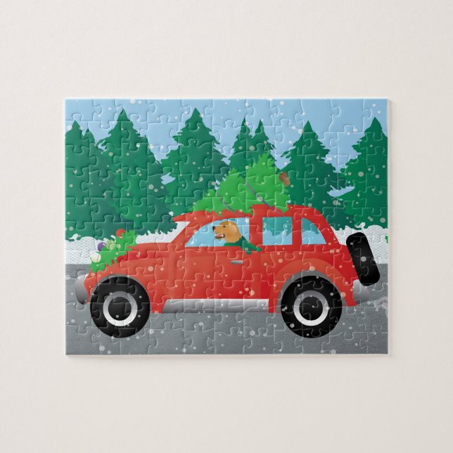 Golden Retriever Dog Driving a Car - Tree on Top Jigsaw Puzzle (Horizontal)