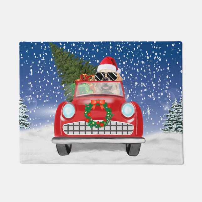 Golden Retriever Dog Driving Car In Snow Christmas Doormat (Front)