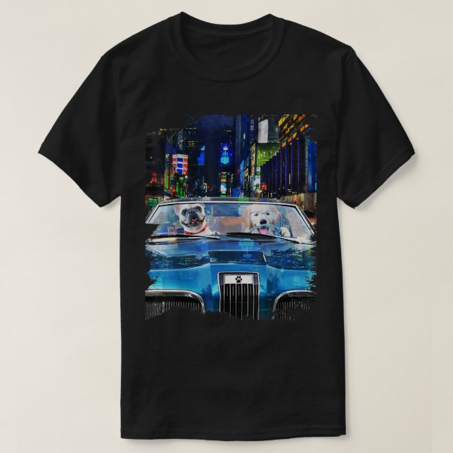 Golden Retriever Dog Driving Car, Night Cruise Cit T-Shirt (Design Front)