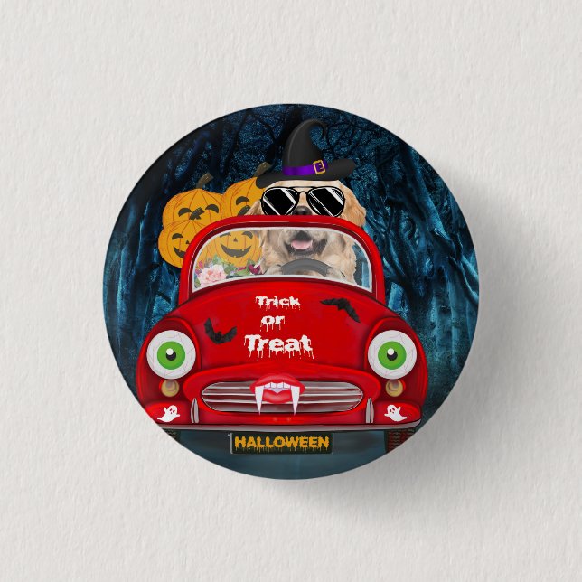 Golden Retriever Dog Driving Car Scary Halloween  1 Inch Round Button (Front)