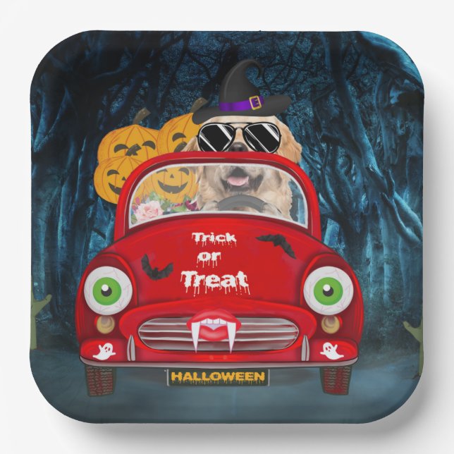 Golden Retriever Dog Driving Car Scary Halloween  Paper Plate (Front)