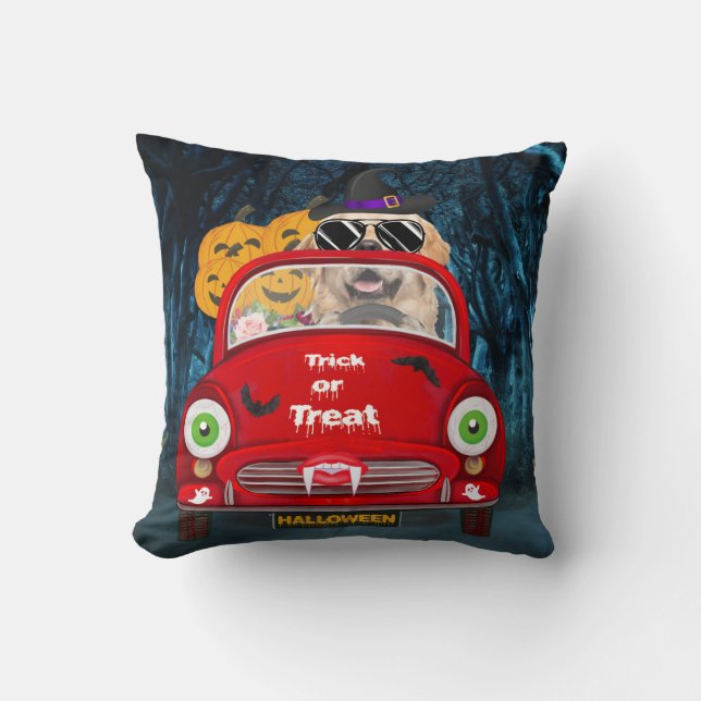 Golden Retriever Dog Driving Car Scary Halloween Throw Pillow (Front)