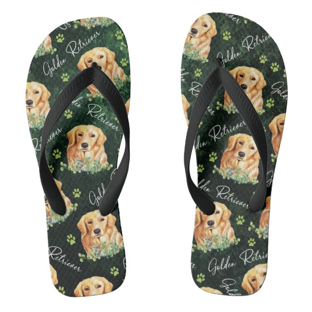 Golden Retriever Dog, Eucalyptus Leaves, Paw Print Flip Flops (Footbed)