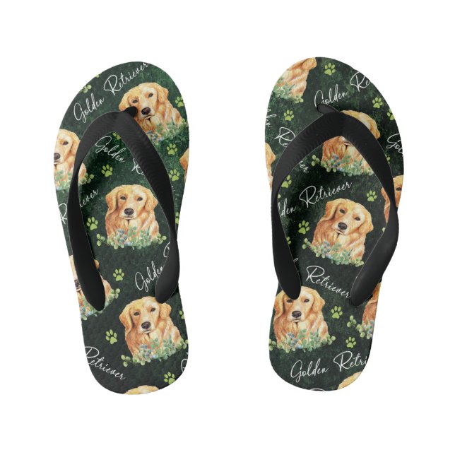 Golden Retriever Dog, Eucalyptus Leaves, Paw Print Kid's Flip Flops (Footbed)
