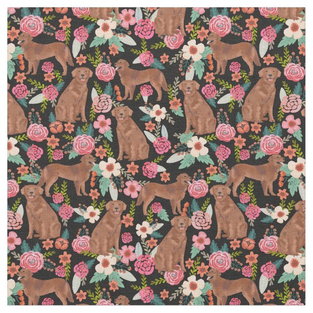 golden retriever dog florals black fabric (Close Up)