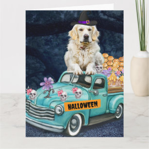 Golden Retriever Dog Halloween Truck Scary Night Card