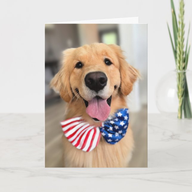 Golden Retriever Dog in Independence Day Bow Tie Card (Front)