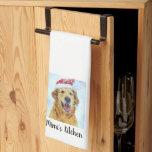Golden Retriever Dog in Santa Hat, Custom Text Kitchen Towel<br><div class="desc">Super cute kitchen towel featuring a watercolor rendering of a Golden Retriever dog wearing a Santa hat.  Add your custom text to personalize. Makes the perfect holiday gift for golden owners,  dog moms and dads,  chefs,  bakers and more.</div>