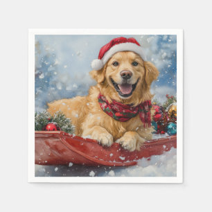 Golden Retriever Dog in Sledge Snow Christmas Napkin