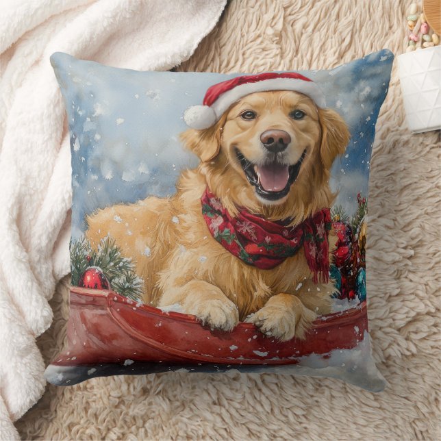 Golden Retriever Dog in Sledge Snow Christmas Throw Pillow (Blanket)