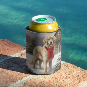 Golden Retriever Dog in Snow Christmas Can Cooler