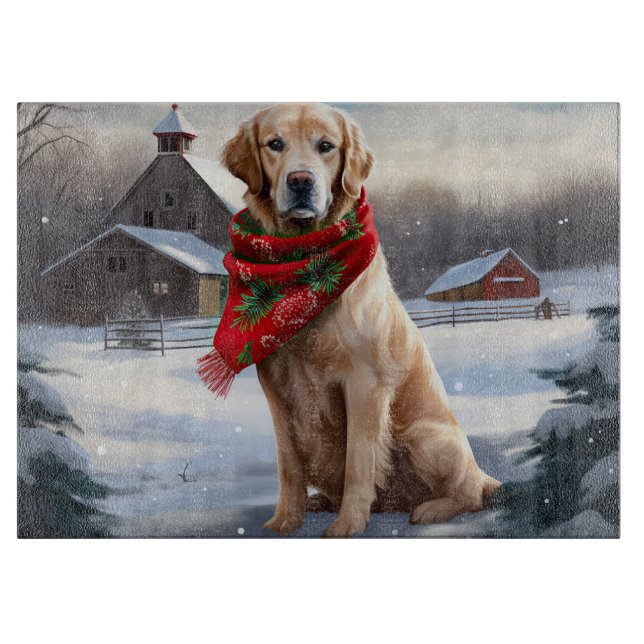 Golden Retriever Dog in Snow Christmas Cutting Board (Front)
