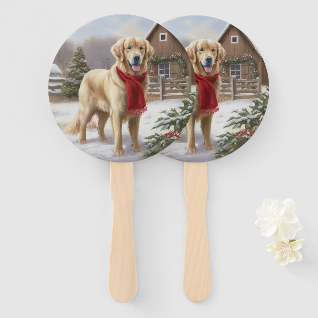 Golden Retriever Dog in Snow Christmas  Hand Fan (Front and Back)