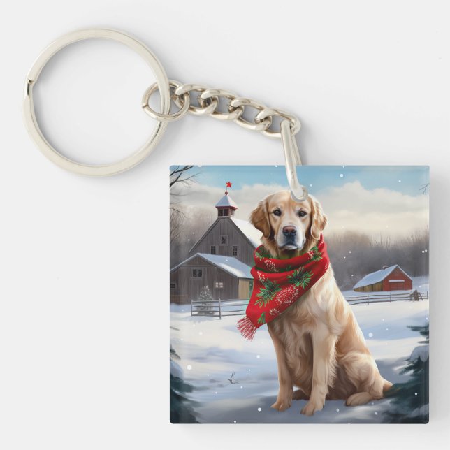 Golden Retriever Dog in Snow Christmas Keychain (Front)