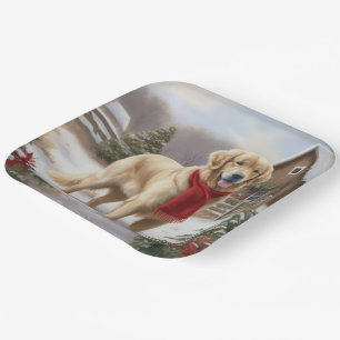 Golden Retriever Dog in Snow Christmas  Paper Plate