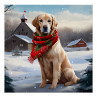 Golden Retriever Dog in Snow Christmas