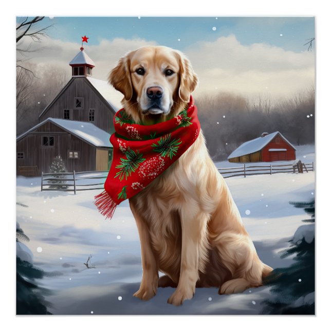 Golden Retriever Dog in Snow Christmas Poster (Front)