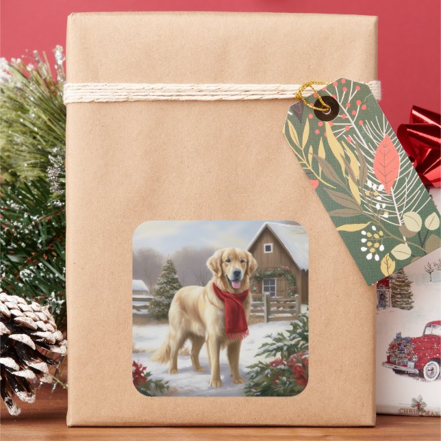 Golden Retriever Dog in Snow Christmas  Square Sticker (Holiday)