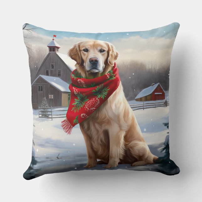 Golden Retriever Dog in Snow Christmas Throw Pillow (Back)