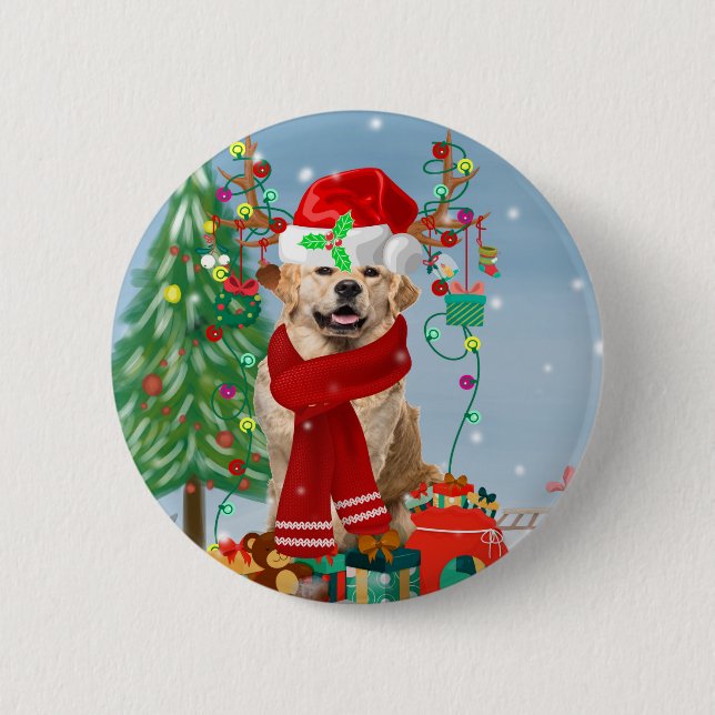 Golden Retriever Dog in Snow with Christmas Gifts 2 Inch Round Button (Front)