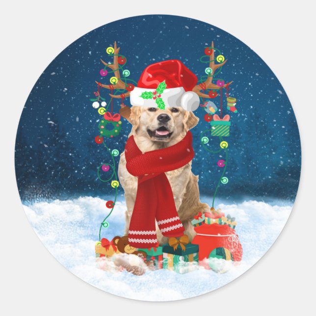 Golden Retriever Dog in Snow with Christmas Gifts  Classic Round Sticker (Front)