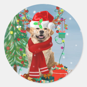Golden Retriever Dog in Snow with Christmas Gifts Classic Round Sticker