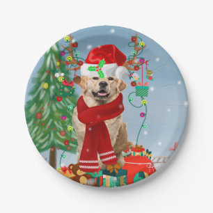 Golden Retriever Dog in Snow with Christmas Gifts Paper Plate