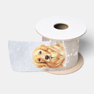 Golden retriever dog in snowfall farmhouse style satin ribbon
