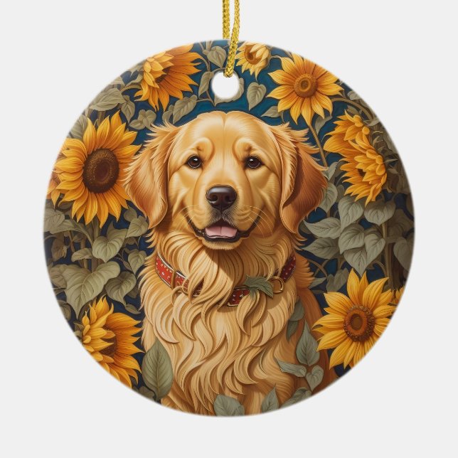 Golden Retriever Dog In Sunflower Field  Ceramic Ornament (Front)