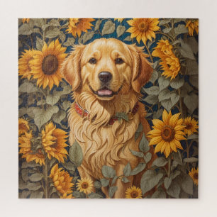 Golden Retriever Dog In Sunflower Field Jigsaw Puzzle