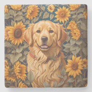 Golden Retriever Dog In Sunflower Field  Stone Coaster