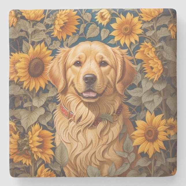 Golden Retriever Dog In Sunflower Field  Stone Coaster (Front)