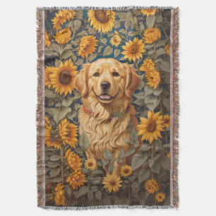 Golden Retriever Dog In Sunflower Field Throw Blanket