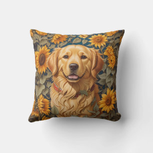 Golden Retriever Dog In Sunflower Field  Throw Pillow