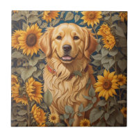 Golden Retriever Dog In Sunflower Field 