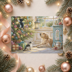 Golden Retriever Dog Kittens Christmas Tree Holiday Card