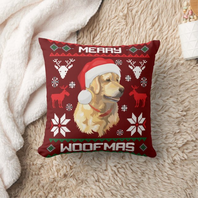 Golden Retriever Dog Merry Woofmas Christmas Sweat Throw Pillow (Blanket)