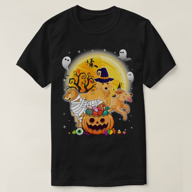 Golden Retriever Dog Mummy Witch Moon Ghosts Happy T-Shirt (Design Front)