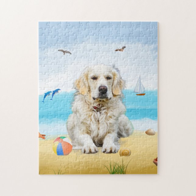 golden retriever dog on beach jigsaw puzzle (Vertical)