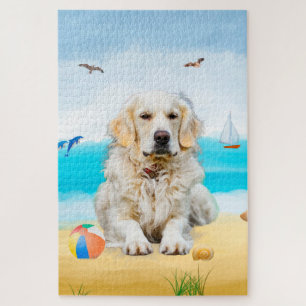 Golden Retriever Dog on Beach Jigsaw Puzzle