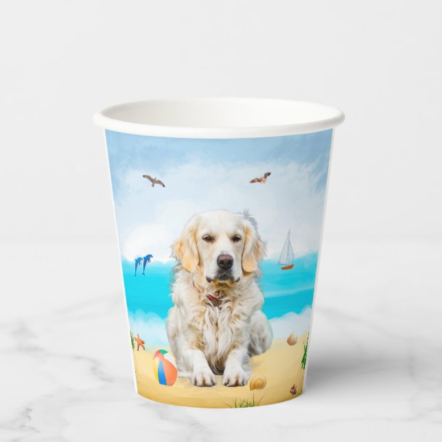 Golden Retriever Dog on Beach Paper Cups (Front)
