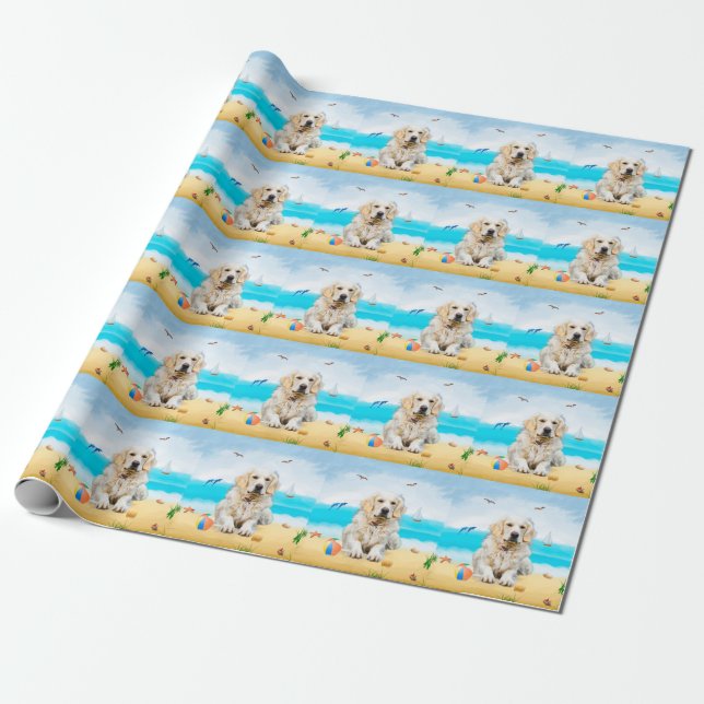 Golden Retriever Dog on Beach Wrapping Paper (Unrolled)