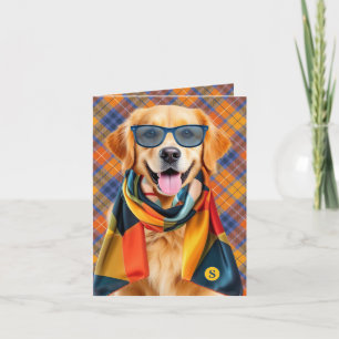 Golden Retriever Dog Orange Plaid Monogrammed Card
